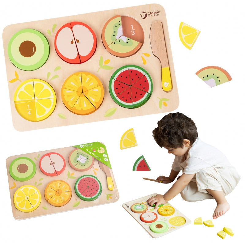 CLASSIC WORLD houten fruit snijden + breuken en delen leren MONTESSORI 23 stuks