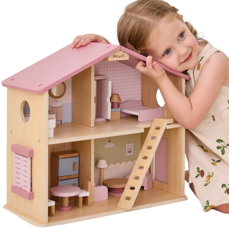 PolarB groot houten poppenhuis 17 st.