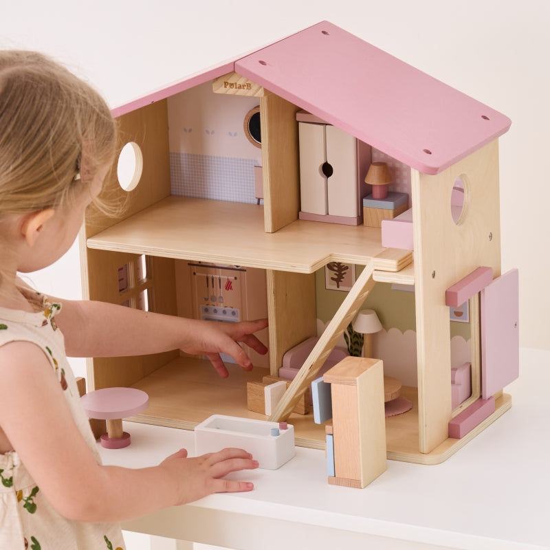 PolarB groot houten poppenhuis 17 st.