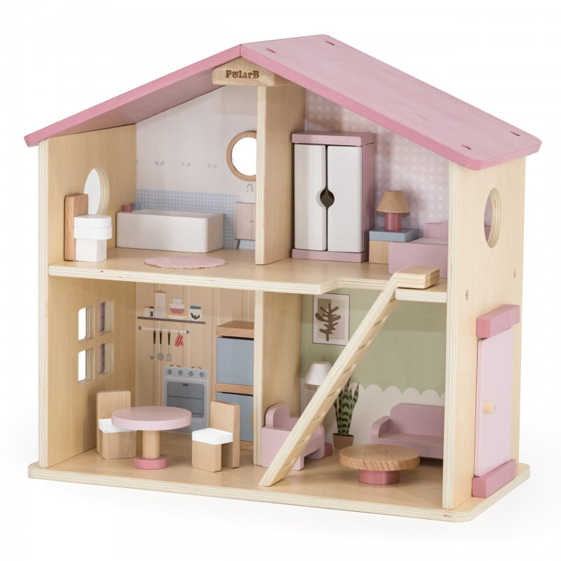 PolarB groot houten poppenhuis 17 st.