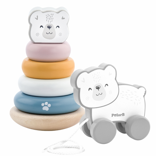 PolarB ijsbeerset houten piramide + ijsbeer om te trekken
