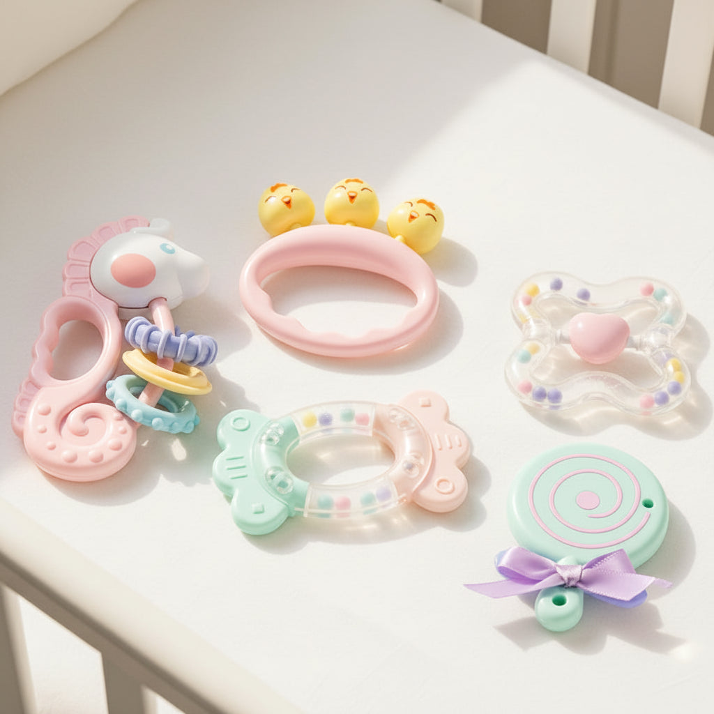 WOOPIE BABY sensorische rammelaar-/bijtringset roze