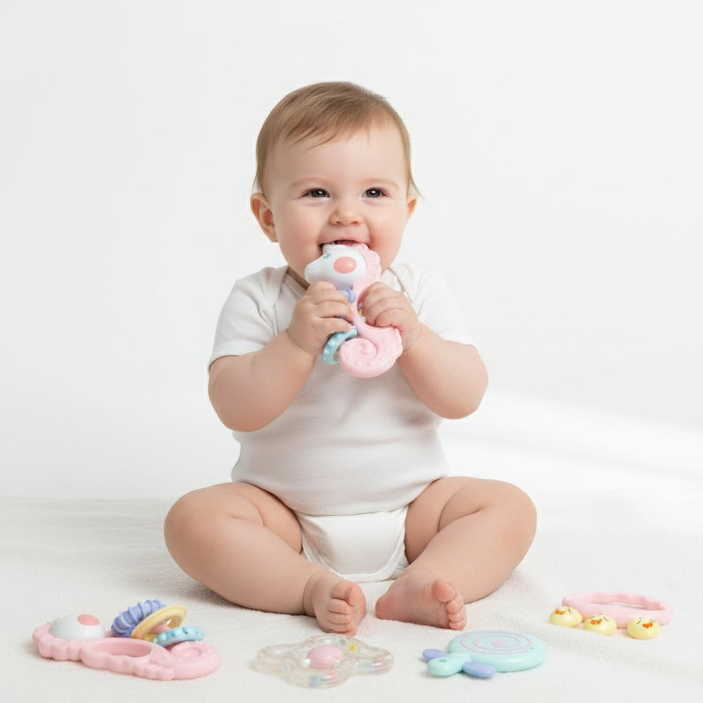 WOOPIE BABY sensorische rammelaar-/bijtringset roze