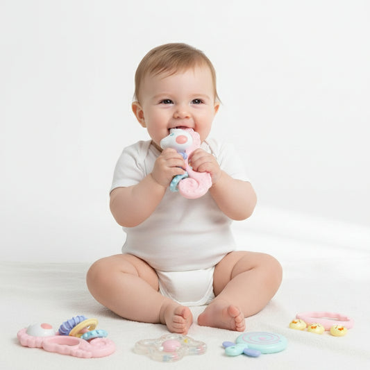 WOOPIE BABY sensorische rammelaar-/bijtringset roze