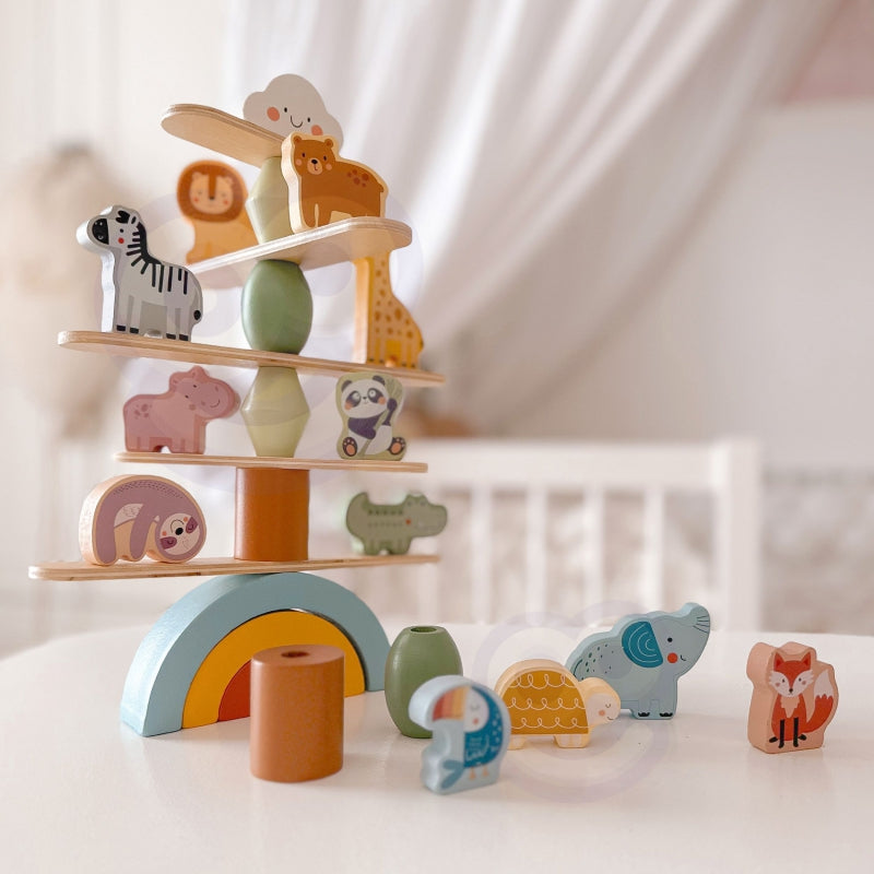 WOOPIE GREEN balancerende houten dieren stapelpuzzel