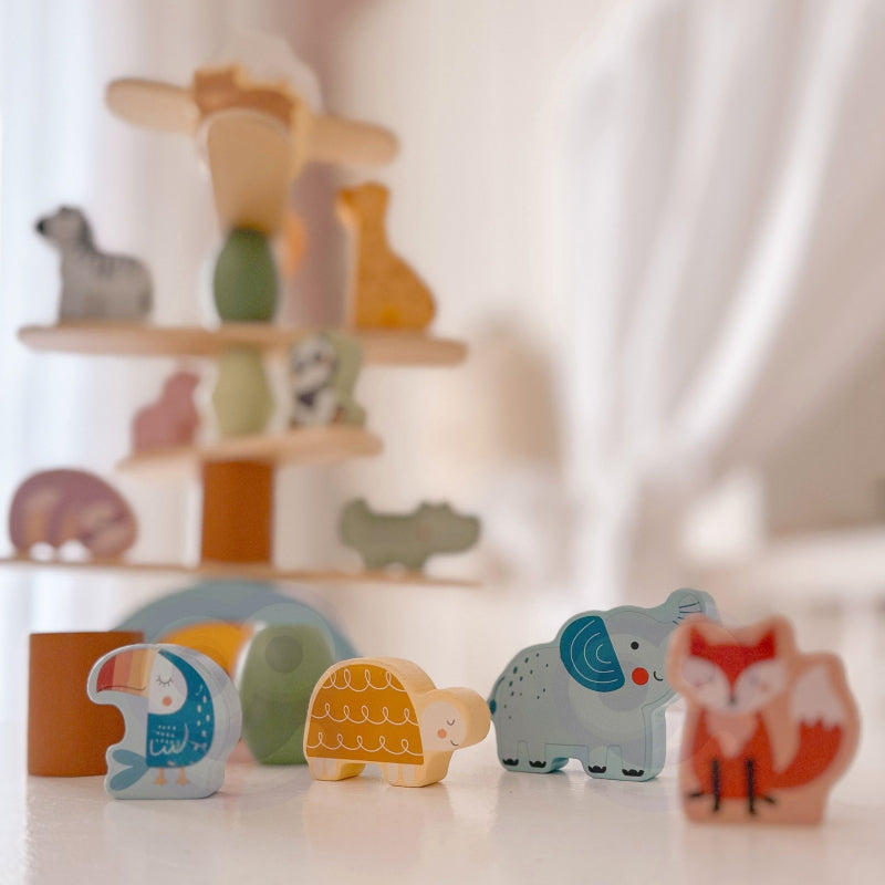 WOOPIE GREEN balancerende houten dieren stapelpuzzel